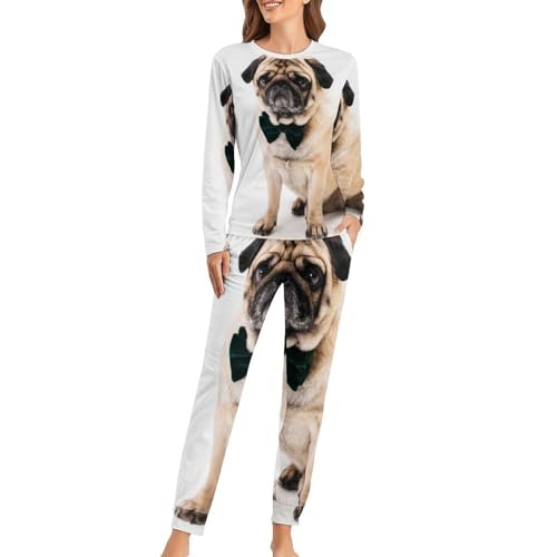 UMENG Mops Hund Damen Schlafanzug Lange Pyjama Set Zweiteiliger Nachtwäsche Langarm Hausanzug Sleepwear von UMENG