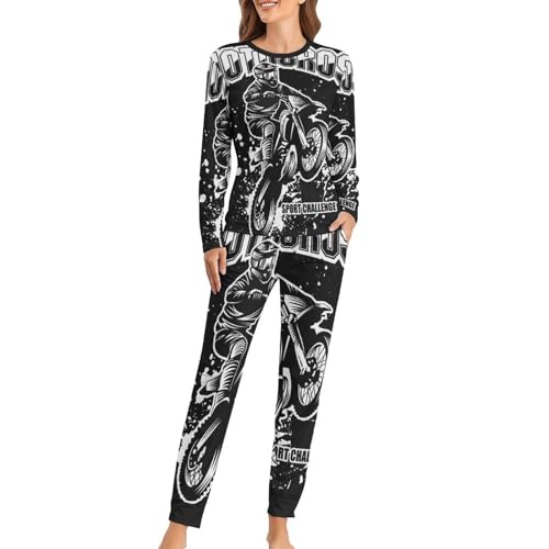 UMENG Motocross Damen Schlafanzug Lange Pyjama Set Zweiteiliger Nachtwäsche Langarm Hausanzug Sleepwear von UMENG