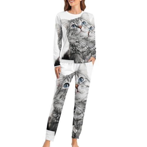 UMENG Niedliche Katze Gray Damen Schlafanzug Lange Pyjama Set Zweiteiliger Nachtwäsche Langarm Hausanzug Sleepwear von UMENG