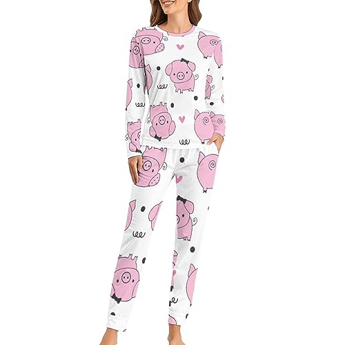UMENG Niedliches Schwein Damen Schlafanzug Lange Pyjama Set Zweiteiliger Nachtwäsche Langarm Hausanzug Sleepwear von UMENG