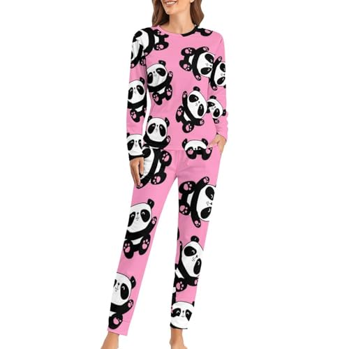 UMENG Panda Damen Schlafanzug Lange Pyjama Set Zweiteiliger Nachtwäsche Langarm Hausanzug Sleepwear von UMENG