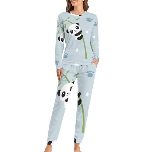 UMENG Panda Damen Schlafanzug Lange Pyjama Set Zweiteiliger Nachtwäsche Langarm Hausanzug Sleepwear von UMENG