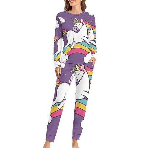 UMENG Regenbogen Einhorn Damen Schlafanzug Lange Pyjama Set Zweiteiliger Nachtwäsche Langarm Hausanzug Sleepwear von UMENG