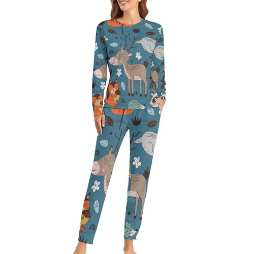 UMENG Rehfuchs Waschbär Damen Schlafanzug Lange Pyjama Set Zweiteiliger Nachtwäsche Langarm Hausanzug Sleepwear von UMENG