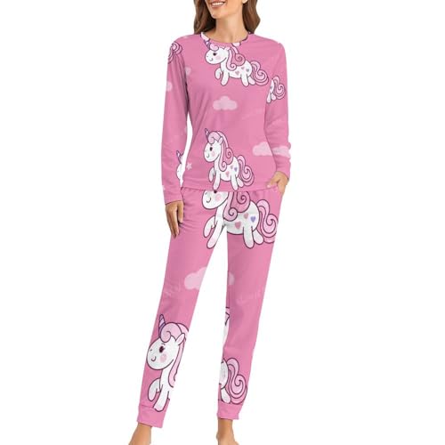 UMENG Rosa Einhorn Damen Schlafanzug Lange Pyjama Set Zweiteiliger Nachtwäsche Langarm Hausanzug Sleepwear von UMENG