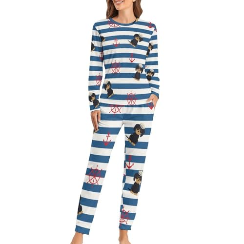 UMENG Segelnder Hund Damen Schlafanzug Lange Pyjama Set Zweiteiliger Nachtwäsche Langarm Hausanzug Sleepwear von UMENG