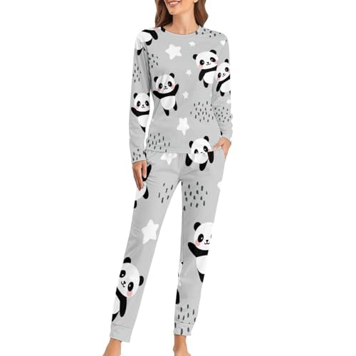 UMENG Sterne Panda Damen Schlafanzug Lange Pyjama Set Zweiteiliger Nachtwäsche Langarm Hausanzug Sleepwear von UMENG