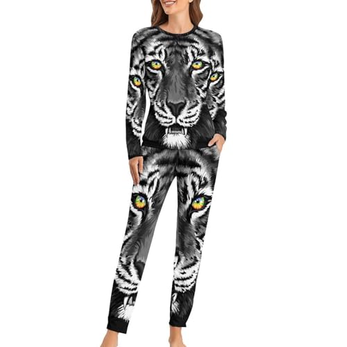 UMENG Tiger Damen Schlafanzug Lange Pyjama Set Zweiteiliger Nachtwäsche Langarm Hausanzug Sleepwear von UMENG