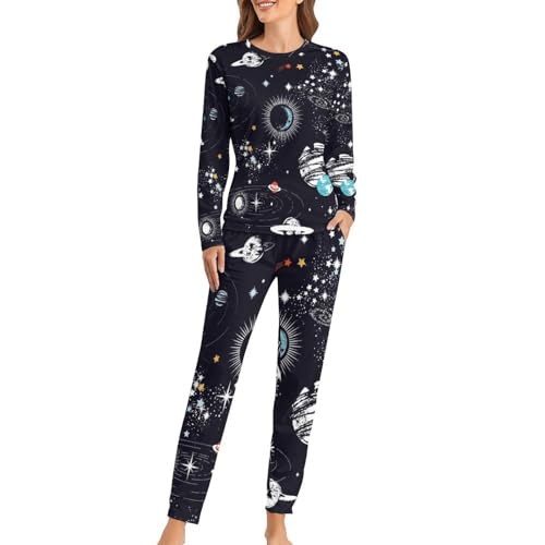 UMENG Universum Weltraum Damen Schlafanzug Lange Pyjama Set Zweiteiliger Nachtwäsche Langarm Hausanzug Sleepwear von UMENG