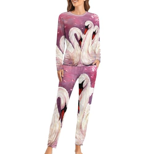 UMENG Weißer Schwan Damen Schlafanzug Lange Pyjama Set Zweiteiliger Nachtwäsche Langarm Hausanzug Sleepwear von UMENG