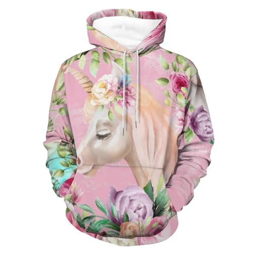 Unisex Hoodie Blumen Einhorn Kapuzenpullover Drawstring Pullover Hoody Sweatshirt Für Herren Damen L von UMENG