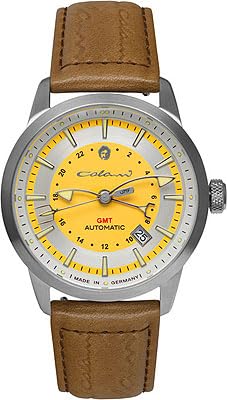 UMF RUHLA Colani 1364-1 - satiniertes Edelstahlgehäuse -Ziffernblatt in Gelb - Kratzfeste Saphirglas – Automatikwerk mit Glasboden NH 34 (GMT) - Kalbslederband mit Colani-Logo - Made in Germany von UMF RUHLA