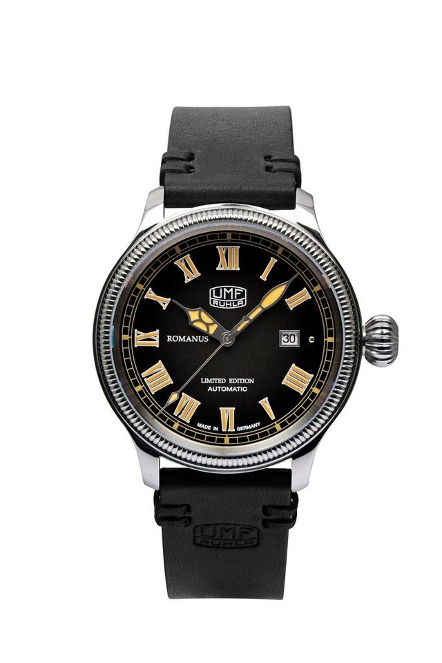 UMF Ruhla Automatikuhr 1558-2, Limited Edition Romanus - Herrenuhr mit Münzlünette, schwarzes Lederarmband & Ziffernblatt - Made in Germany von UMF Ruhla