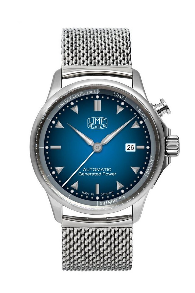 UMF Ruhla Kineticuhr 1062M-3, Ziffernblatt blau, Autokinetic Herrenuhr mit Milanaiseband, silber - Made in Germany von UMF Ruhla