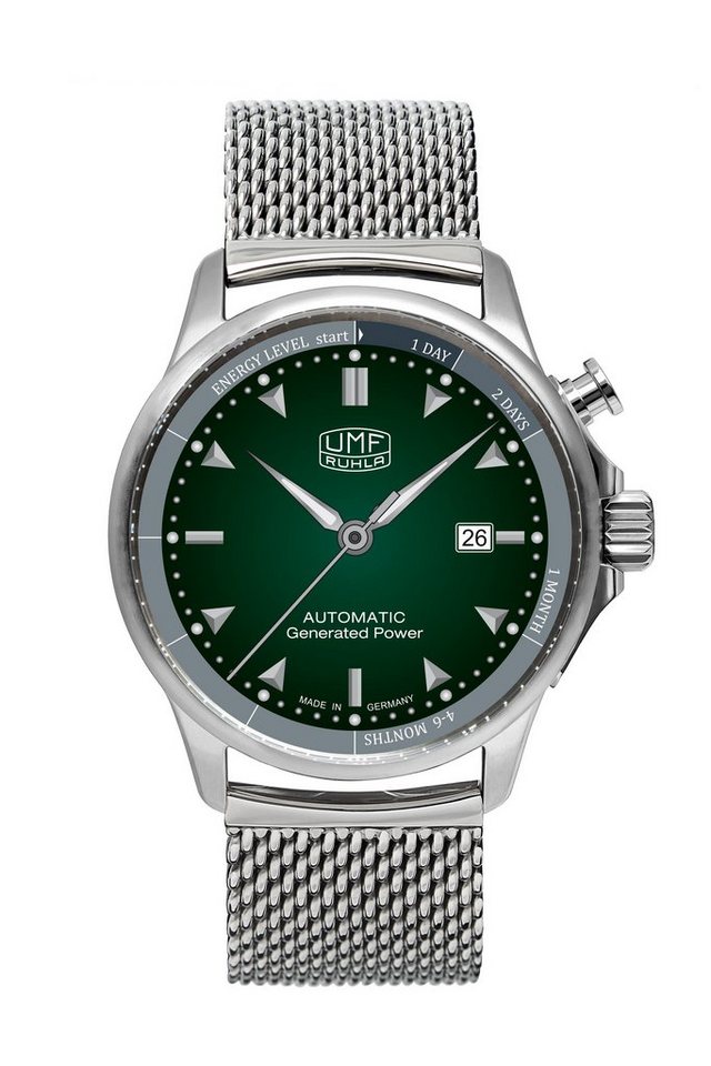 UMF Ruhla Kineticuhr 1062M-4, Autokinetic Herrenuhr, Ziffernblatt in Grün mit Milanaiseband - Made in Germany von UMF Ruhla