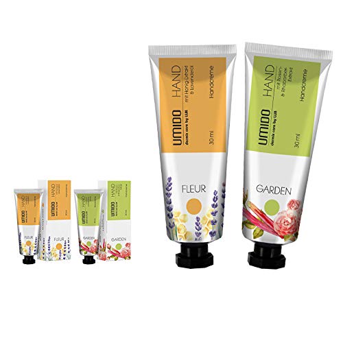 2 Stück Set Handcreme Set 30 ml | 1x Honig-Extrakt & Lavendelöl | 1x Rosen-Extrakt & Rhabarber-Extrakt | ohne Parabene | Creme | Pflegecreme | Handlotion | Handcreme mini von UMIDO - dermis care by LLM