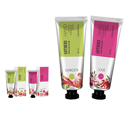 UMIDO 2 Stück Set Handcreme Set 30 ml | 1x Rosen-Extrakt & Rhabarber-Extrakt | 1x Granatapfel-Extrakt & Orchideen-Extrakt | ohne Parabene | Creme | Pflegecreme | Handlotion | Handcreme mini von UMIDO - dermis care by LLM