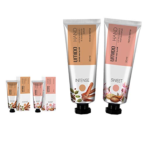 UMIDO 2 Stück Set Handcreme Set 30 ml | 1x Kardamom-Extrakt & Sandelholz-Extrakt | 1x Mandelöl & Mandel-Extrakt | ohne Parabene | Creme | Pflegecreme | Handlotion | Handcreme mini von UMIDO - dermis care by LLM