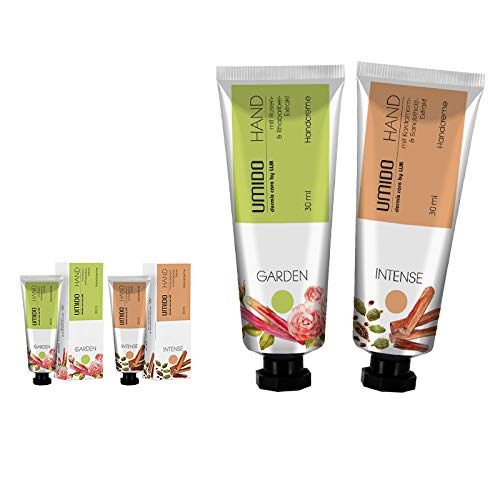 UMIDO 2 Stück Set Handcreme Set 30 ml | 1x Rosen-Extrakt & Rhabarber-Extrakt | 1x Kardamom-Extrakt & Sandelholz-Extrakt | ohne Parabene | Creme | Pflegecreme | Handlotion | Handcreme mini von UMIDO - dermis care by LLM