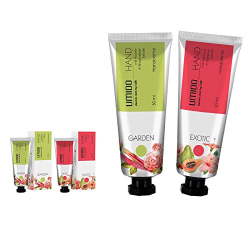 UMIDO 2 Stück Set Handcreme Set 30 ml | 1x Rosen-Extrakt & Rhabarber-Extrakt | 1x Papaya-Extrakt & Hibiskus-Extrakt | ohne Parabene | Creme | Pflegecreme | Handlotion | Handcreme mini von UMIDO - dermis care by LLM