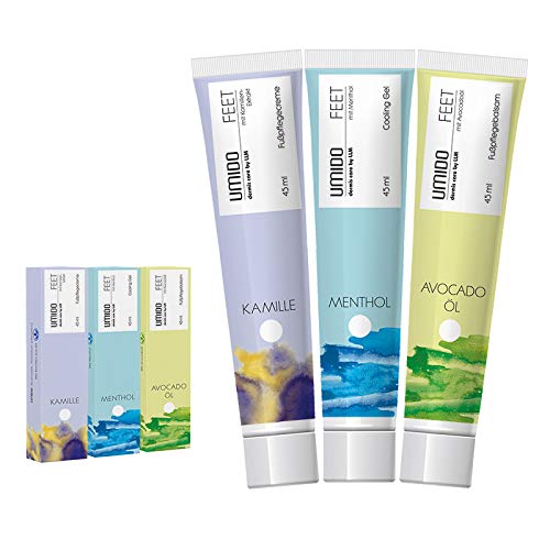 UMIDO 3 Stück Set Fuß-Creme Set 45 ml | 1x Kamille | 1x Menthol | 1x Avocadoöl | Fußbalsam | Fußlotion | Pflegecreme | Fußpflegecreme | Creme UMIDO 3 Stück Set Fuß-Creme Set 45 ml | 1x Kamille | 1x Menthol | 1x Avocadoöl | Fußbalsam | Fußlotion | Pflegecreme | Fußpflegecreme | Creme von UMIDO - dermis care by LLM