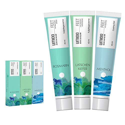 UMIDO 3 Stück Set Fuß-Creme Set 45 ml | 1x Rosmarin | 1x Latschenkiefer | 1x Menthol | Fußbalsam | Fußlotion | Pflegecreme | Fußpflegecreme | Creme von UMIDO - dermis care by LLM