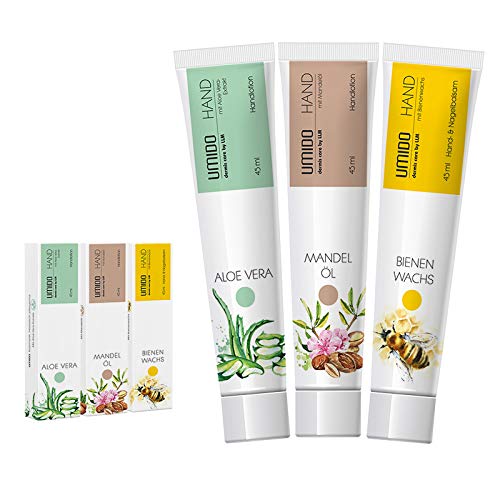 UMIDO 3 Stück Set Hand-Lotion Set 45 ml | 1x Aloe-Vera | 1x Mandelöl | 1x Bienenwachs | Handcreme | Pflegecreme | Hand-Pflege | Handcreme Set von UMIDO - dermis care by LLM