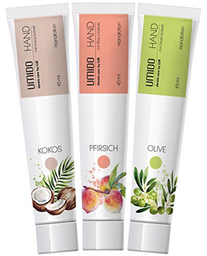 UMIDO 3 Stück Set Hand-Lotion Set 45 ml | 1x Kokos | 1x Pfirsich | 1x Olive | Handcreme | Pflegecreme | Hand-Pflege | Handcreme Set von UMIDO - dermis care by LLM