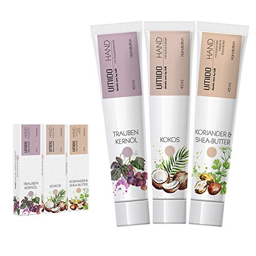 UMIDO 3 Stück Set Hand-Lotion Set 45 ml | 1x Traubenkernöl | 1x Kokos | 1x Koriander & Shea-Butter | Handcreme | Pflegecreme | Hand-Pflege | Handcreme Set von UMIDO - dermis care by LLM