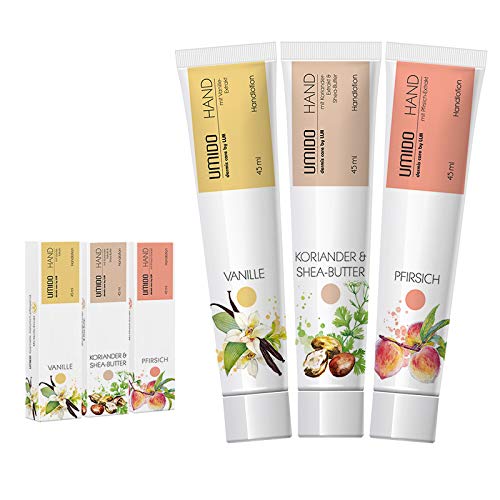 UMIDO 3 Stück Set Hand-Lotion Set 45 ml | 1x Vanille | 1x Koriander & Shea-Butter | 1x Pfirsich | Handcreme | Pflegecreme | Hand-Pflege | Handcreme Set von UMIDO - dermis care by LLM