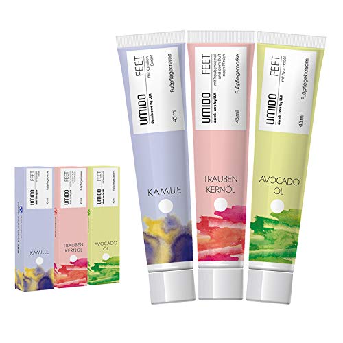 UMIDO 3 Stück Set Fuß-Creme Set 45 ml | 1x Kamille | 1x Traubenkernöl | 1x Avocadoöl | Fußbalsam | Fußlotion | Pflegecreme | Fußpflegecreme | Creme von UMIDO - dermis care by LLM