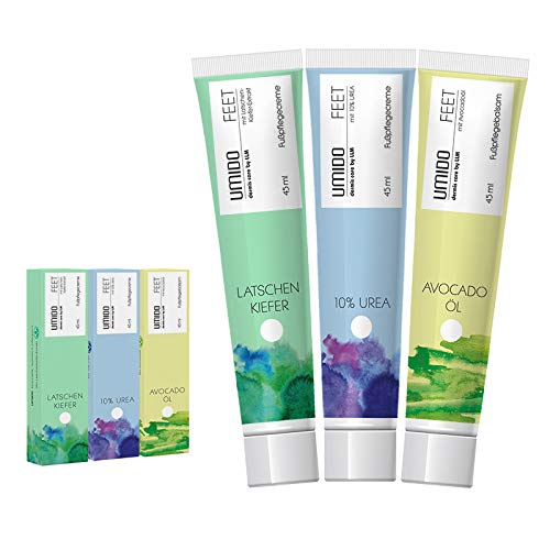 UMIDO 3 Stück Set Fuß-Creme Set 45 ml | 1x Latschenkiefer | 1x mit 10% UREA | 1x Avocadoöl | Fußbalsam | Fußlotion | Pflegecreme | Fußpflegecreme | Creme von UMIDO - dermis care by LLM