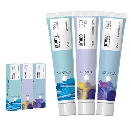 UMIDO 3 Stück Set Fuß-Creme Set 45 ml | 1x Menthol | 1x Kamille | 1x mit 10% UREA | Fußbalsam | Fußlotion | Pflegecreme | Fußpflegecreme | Creme von UMIDO - dermis care by LLM