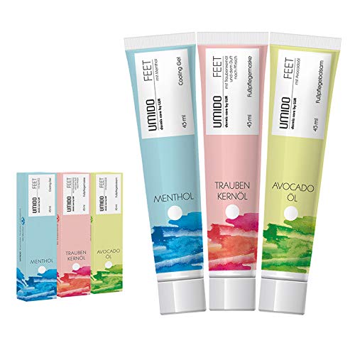 UMIDO 3 Stück Set Fuß-Creme Set 45 ml | 1x Menthol | 1x Traubenkernöl | 1x Avocadoöl | Fußbalsam | Fußlotion | Pflegecreme | Fußpflegecreme | Creme von UMIDO - dermis care by LLM