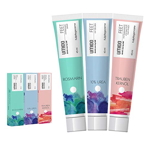 UMIDO 3 Stück Set Fuß-Creme Set 45 ml | 1x Rosmarin | 1x mit 10% UREA | 1x Traubenkernöl | Fußbalsam | Fußlotion | Pflegecreme | Fußpflegecreme | Creme von UMIDO - dermis care by LLM