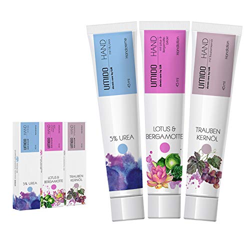 UMIDO 3 Stück Set Hand-Lotion Set 45 ml | 1x mit 5% UREA | 1x Lotus & Bergamotte | 1x Traubenkernöl | Handcreme | Pflegecreme | Hand-Pflege | Handcreme Set von UMIDO - dermis care by LLM