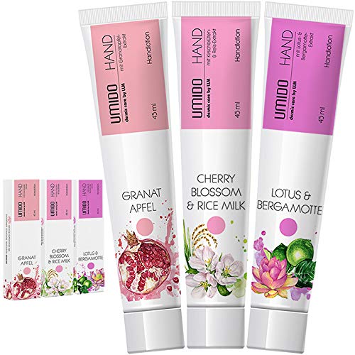 UMIDO 3 Stück Set Hand-Lotion Set 45 ml | 1x Granatapfel | 1x Cherry Blossom & Rice Milk | 1x Lotus & Bergamotte | Handcreme | Pflegecreme | Hand-Pflege | Handcreme Set von UMIDO - dermis care by LLM