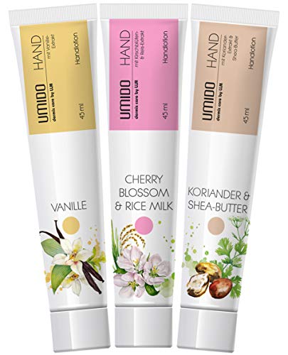 UMIDO 3 Stück Set Hand-Lotion Set 45 ml | 1x Vanille | 1x Cherry Blossom & Rice Milk | 1x Koriander & Shea-Butter | Handcreme | Pflegecreme | Hand-Pflege | Handcreme Set von UMIDO - dermis care by LLM