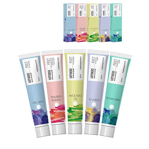 UMIDO 5 Stück Set Fuß-Creme Set 45 ml | 1x mit 10% UREA | 1x Traubenkernöl | 1x Avocadoöl | 1x Kamille | 1x Rosmarin | Fußlotion | Fußpflegecreme | Creme von UMIDO - dermis care by LLM