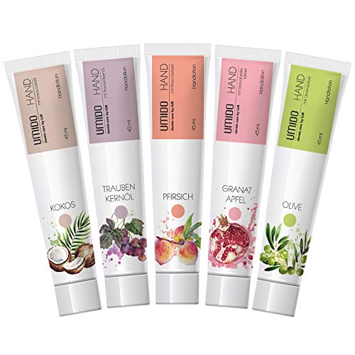 UMIDO 5 Stück Set Hand-Lotion Set 45 ml | 1x Kokos | 1x Traubenkernöl | 1x Pfirsich | 1x Granatapfel | 1x Olive | Handcreme | Pflegecreme | Lotion | Hautpflege | Handcreme Set von UMIDO - dermis care by LLM