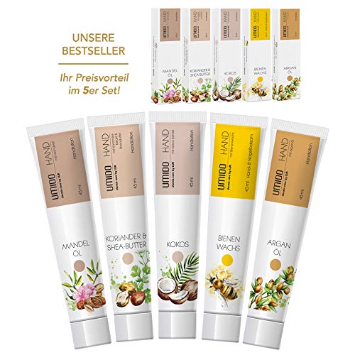 UMIDO 5 Stück Set Hand-Lotion Set 45 ml | 1x Mandelöl | 1x Koriander & Shea-Butter | 1x Kokos | 1x Bienenwachs | 1x Arganöl | Handcreme | Pflegecreme | Lotion | Handcreme Set von UMIDO - dermis care by LLM