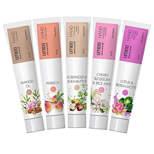 UMIDO 5 Stück Set Hand-Lotion Set 45 ml | 1x Mandelöl | 1x Pfirsich | 1x Koriander & Shea-Butter | 1x Cherry Blossom & Rice Milk | 1x HolyLotus & Bergamotte von UMIDO - dermis care by LLM