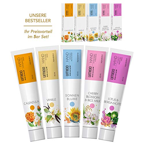 UMIDO 5 Stück Set Hand-Lotion Set 45 ml | 1x Ringelblume | 1x Vanille | 1x Sonnenblume | 1x Rice Milk & Cherry Blossom | 1x Holy Lotus & Bergamotte | Handcreme | Pflegecreme | Lotion | Handcreme Set von UMIDO - dermis care by LLM