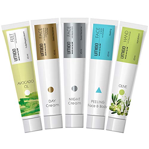 UMIDO 5 Stück Set Kosmetik-Set 45 ml| 1x Fußbalsam Avocadoöl | 1x Tages Gesichtscreme Traubenkern-Öl | 1x Nacht Gesichstcreme Vitamin A & E | 1x Peeling Mandelöl | 1x Handlotion Olive von UMIDO - dermis care by LLM