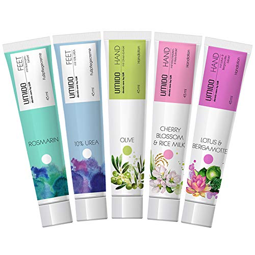 UMIDO 5 Stück Set Kosmetik-Set 45 ml | 1x Fußcreme Rosmarin | 1x Fußcreme 10% UREA | 1x Handlotion Olive | 1x Handlotion Cherry Blossom & Rice Milk | 1x Handlotion Holy Lotus & Bergamotte von UMIDO - dermis care by LLM