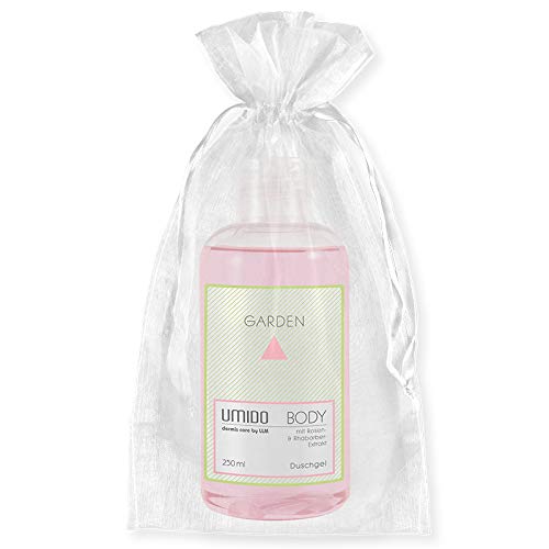 UMIDO Beautyset | 1x Duschgel 250 ml Rosen-Extrakt & Rhabarber-Extrakt | OHNE Silikone & Parabene | 1x Organza-Säckchen | Pflegedusche (6-BYS) (7-WHT) von UMIDO - dermis care by LLM