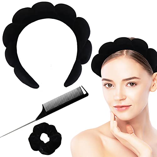 2 Stück Spa-Schwamm-Stirnband für Frauen und Mädchen, Haarzubehör, Frottee-Handtuch, weiche Stirnbänder zum Entfernen von Make-up, Waschen von Gesicht, Dusche, Hautpflege-Haarband-Set mit Haarschlaufe und Kamm (schwarz) von UMILAY