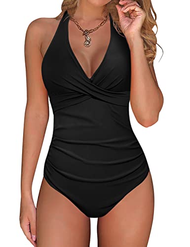 UMIPUBO Badeanzug Damen Bauchweg, Neckholder Sexy Push Up Badeanzug, Schlanker Einteiliger Badeanzug Bademode Swimsuit (Schwarz,M) von UMIPUBO