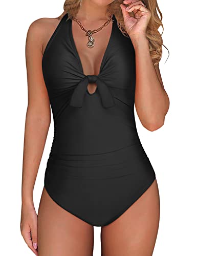 UMIPUBO Badeanzug Damen Bauchweg, V Ausschnitt Monokini Einteiliger Badeanzug Push Up Bademode Selbstkultivierung Raffung Bauchweg Große Größe Swimsuit(Schwarz,L) von UMIPUBO