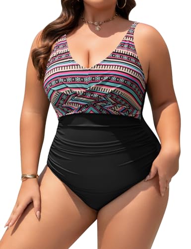 UMIPUBO Badeanzug Damen Große Größe Bauchweg Push Up V Ausschnitt Einteiliger Bademode Rüschen Badebekleidung One Piece Swimsuit mit Bügel Swimwear(Mehrfarbig,L) von UMIPUBO